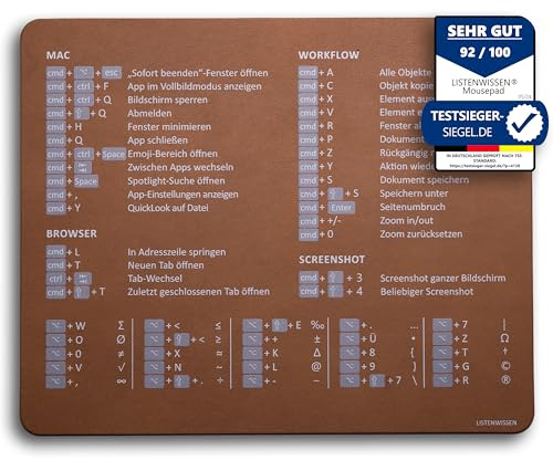 Listenwissen Mauspad mit Shortcuts (echtes Leder, recycelt) – antirutsch & deutsch für Apple I nachhaltig I Tastenkombinationen I Tastenkürzel I Mousepad I Mokka