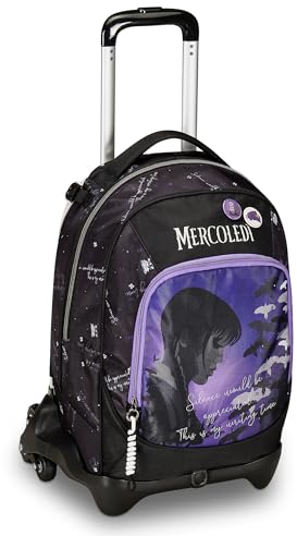 Seven Trolley Scuola Jack 3 Ruote, MERCOLEDÌ - BE THE STRANGE YOU WANT TO, Nero Viola - 3 in 1, Triplo Uso, Zaino Con Carrello Sganciabile, Tasca Porta Borraccia, Zaino Scuola Ragazza