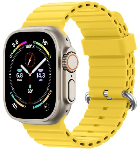 Oielai Cinturino Ocean compatibile con Apple Watch Ultra 49mm 45mm 44mm 42mm, Fascia sportiva in morbido silicone con fibbia per iWatch Ultra 2 Ultra Series 9 8 7 6 5 4 3 2 1, Giallo
