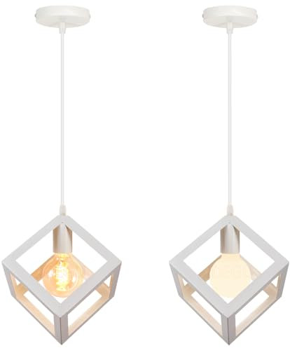 iDEGU 2 Stück Pendelleuchte, modern, Würfelform, Deckenleuchte, Lampenschirm im geometrischen Stil, aus Metall, E27, Hängeleuchte, für Schlafzimmer, Wohnzimmer, Restaurant, 16 cm, Weiß