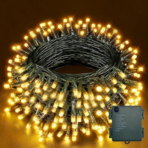 YIFMOO Lichterkette Batterie, 20M 200LED Lichterkette Außen und Innen mit Timer, 8 Modi Wasserdichte Weihnachtsbeleuchtung, Grünes Kabel Lichterketten für Weihnachten Garten Partys Deko, Warmweiß