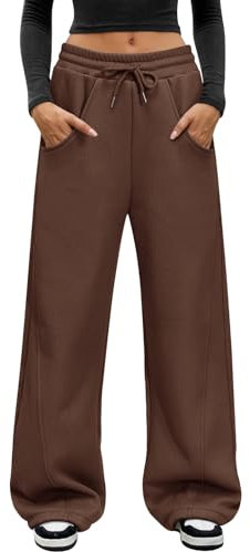 Voqeen Womens Fleece Lined Joggers Pants Winter Thermal Sweatpants Wide Leg Tracksuit Bottoms with Pockets Warm Baggy Trousers Solid Jogging Bottoms for Ladies Casual Lounge Wear Brown