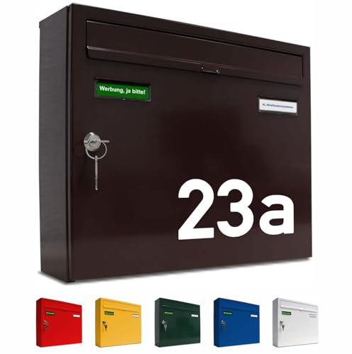 AL Briefkastensysteme Briefkasten mit Hausnummer braun RAL 8017 - Basic 1er Briefkasten mit Namen und Hausnummer wetterfest Din A4 - Postkasten mit Hausnummernschild personalisiert