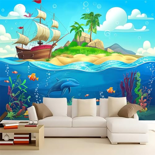 Papier peint intissé Animal De L'Île De Dessin Animé Art Decor, Papier peint Affiche Décoration 250 x 175 cm Photo, Bleu Moderne Papier Peint Décoration Murale pour Salon chambre bureau