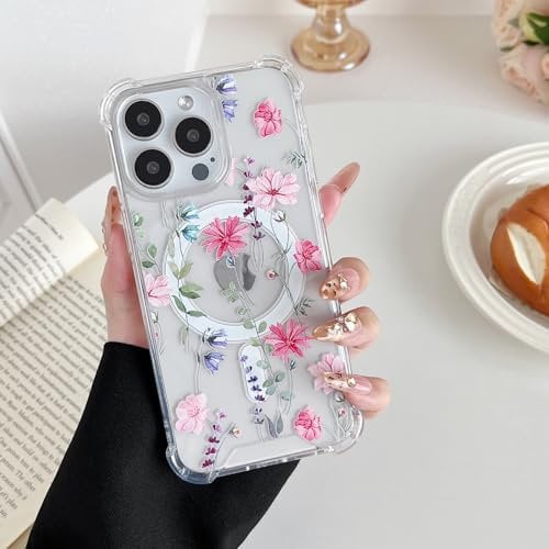 DEFBSC Magnetic Case for iPhone 16 Pro Max [Compatible with Magsafe], Clear Floral Flower Print Design Flexible Acrylic Bumper Protective Shockproof Case for iPhone 16 Pro Max - Pink Cosmos