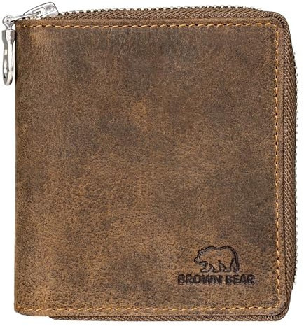 BROWN BEAR Reißverschluss Geldbörse klein Leder Braun Vintage RFID-Schutz mit Münzfach - Echtleder Portemonnaie für Damen & Herren - Geldbeutel für 8 Karten - BB Max HBR