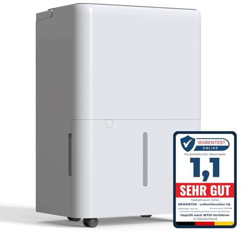 Newentor 12L Luftentfeuchter Elektrisch Keller 35dB, Entfeuchter Elektrisch Keller mit Ablaufschlauch 1m, Raumentfeuchter Elektrisch 25m²/122m³, 10 J. Gar., Filter, Timer