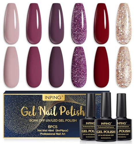 INPING Smalto Semipermanente Unghie, 6 Colori Rosso Viola Nude Nudo Dorato Glitter Smalto Unghie, Soak-Off UV/LED Lampada Smalti per Unghie Gel Novice Nail Art DIY, 8 ML
