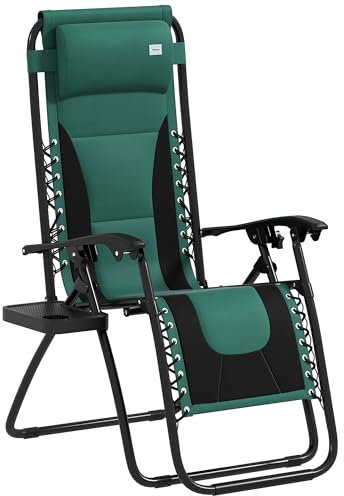 Outsunny Zero Gravity Lounger Chair, Folding Reclining Patio Chair with Padded Seat, Cup Holder, Soft Cushion and Headrest for Poolside, Camping, Green