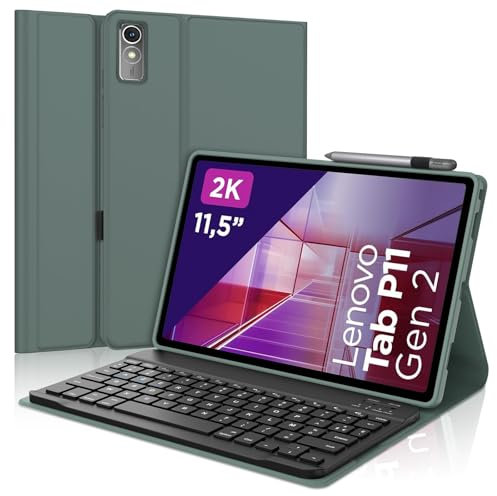 IVEOPPE Clavier Lenovo Tab p11 2nd gen 11.5 Pouces, Coque Clavier Lenovo Tab P11 2nd Gen, AZERTY Français Clavier, Étui Clavier Détachable Bluetooth pour Lenovo Tab P11 2nd Gen, Vert foncé