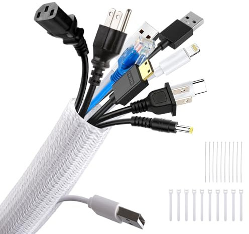 Garrulo Kabelschlauch Selbstschließend Weiß, 13mm-3M Kabelkanal Flexibel Gewebter Kabelmantel mit 10pcs Kabelbinder und 10pcs Selbstklebendes Klettband