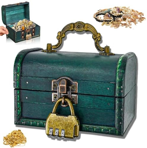 qhklew Vintage Holz Schatztruhe Klein, Schatzkiste mit Zahlenschloss, Retro Kleine Holzkisten, Schatztruhe Kinder Lagerung Schmuckkästchen, Mini Holztruhe für Aufbewahrung und Dekoration, Smaragd