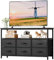 Taotigzu TV Schrank,Fernsehschrank,Lowboard für Fernseher bis zu 65 Zoll,Fernseher Unterschrank mit 6 Schubladen aus Stoff,2 offenen Fächern,Fernsehtisch mit Stahlgestell für Wohnzimmer (Schwarz)