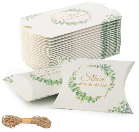 Lhdfyqt 50 Stück Schön Dass Du Da Bist Gastgeschenke Geschenkboxen, Taufe Kommunion Konfirmation Gastgeschenk Box Kissenschachteln im Eukalyptus Design Gastgeschenke Hochzeit für Süßigkeiten Kekse