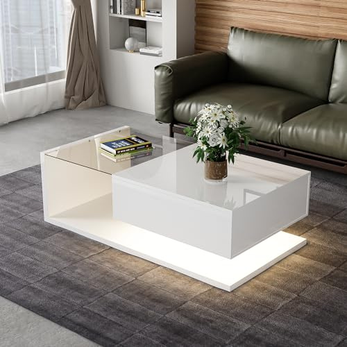 OKMYHOME Table Basse LED avec 1 Tiroir, Blanche, 105 × 55 cm | Hauteur 32.5 cm, panneau de particules, finition brillante, design moderne, pour salon