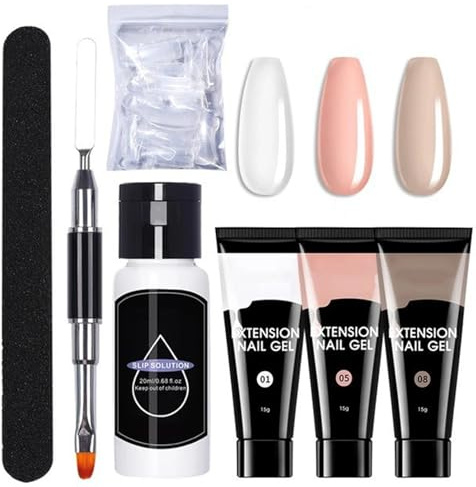 Poly Gel Nail Kit, 3 Colours Clear Nude Poly Nail Extension Kit, Hard Nail Builder Gel Kit with Slip Solution and Manicure Tools, Nail Art DIY for Women, Strengthening & Thickening Easy-Shape