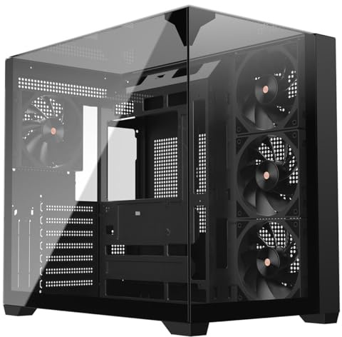 Powercool Pure Gaming PC Case ATX Mid Tower, Computer Case, 4 Fans, Black | Dual Chamber Design with Tempered Glass on Three Sides, Vertical GPU Mounting, Fits Micro ATX and Mini ITX Boards, USB-C