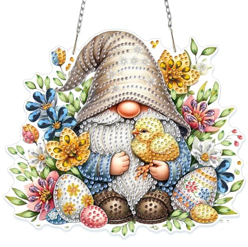 NAIMOER Gnome Diamond Painting Fensterbilder Beidseitige, Diamond Painting Anhänger mit Kette, Ostern Diamant Malerei Bilder Kristall Fensterbilder für Geschenk Wand Dekoration