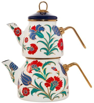 Serenk Emaille-Teekannen-Set 2-teilig, 1,1/2,1 L, Golddetails, Induktion