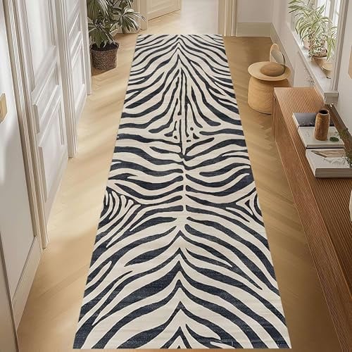 Kuluoits Tiermotiv Läuferteppich,60x150cm Graues Zebramuster, Ideal für Eingangsbereich und Flur, Modischer und Schöner Teppich Mit Afrikanischer Wildtierstruktur, Weicher und Bequemer