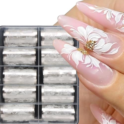 Lilbitty 10 Rolls White Floral Nail Art Foil Transfer Stickers, Butterfly Flower Design for DIY Manicure