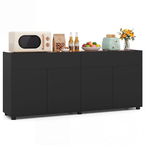 COSTWAY 160cm Sideboard Cabinet with 4 Doors & 2 Drawers (Black) | Wooden Buffet Storage Cabinet, 6 Anti-slip Foot Pads, TV Stand Kitchen Cupboard Organizer up to 70, for Dining & Living Room