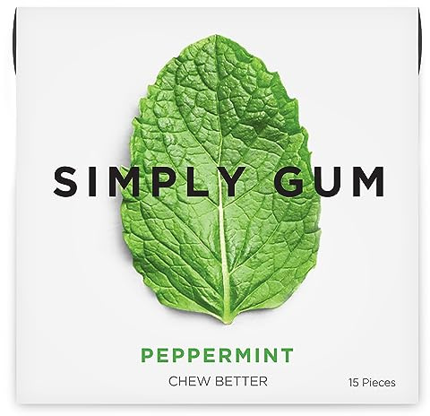 SIMPLY Gum Peppermint, Plastic-Free Natural Chewing Gum, Pack of One (15 Pieces Total) | Vegan, Kosher, Non GMO, Aspartame Free and Sorbitol Free
