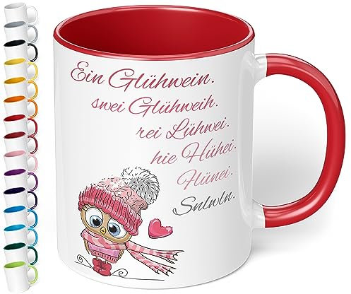 Lustige Weihnachtstasse „Ein Glühwein swei Glühweih Rei Lühwei“ - Eule - 330ml Keramik Kaffeebecher mit Spruch - Geschenk für Kollegen & Freunde zu Weihnachten, inner red