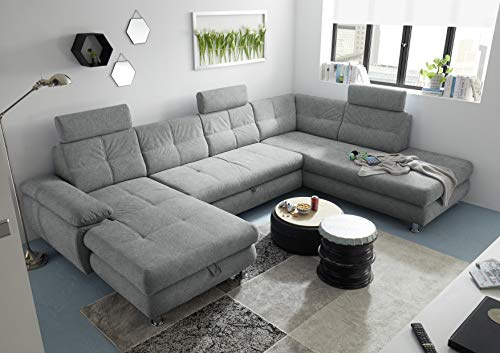 Stella Trading ALBA Wohnlandschaft in U-Form, Stoffbezug Grau 2 - Ausziehbares Sofa mit Schlaffunktion & Bettkasten - 349 x 88 x 233 cm (B/H/T)