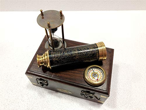 Antikes 3-teiliges nautisches Geschenkset Messing Kompass Sanduhr Stundenglas Gravur Teleskop mit Holzbox