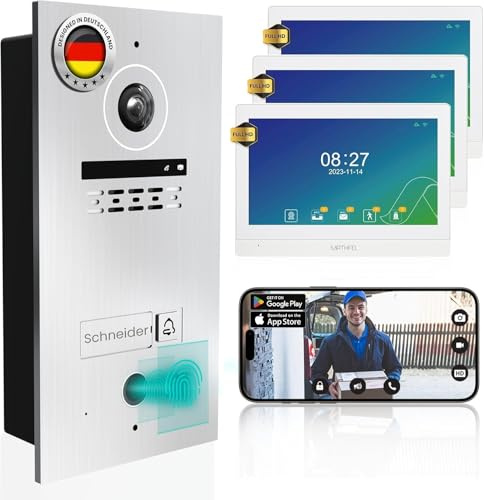 MATHFEL 2 Draht Bus Video Türsprechanlage Fingerprint mit Full HD Bildauflösunng, WLAN Schnittstelle, Fischaugenkamera 170 Grad, 3x10'' Monitor WLAN mit Gravur