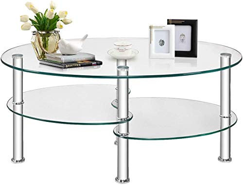 FANTASK Couchtisch aus gehärtetem Glas, ovaler 3-stöckiger Stahl-Teetisch mit geräumiger Glasplatte, offenes Aufbewahrungsregal, moderner Beistelltisch für Zuhause, Wohnzimmer, Büro, Empfang