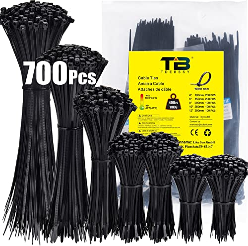 Bridas de Plastico 700 Piezas Para Cables, Nylon de Bridas Negras, Abrazaderas Plastico 3.6mm Bridas Electronica 100/150/200/250/300mm, Bridas Para Cables Para Oficina, Hogar, Exteriores