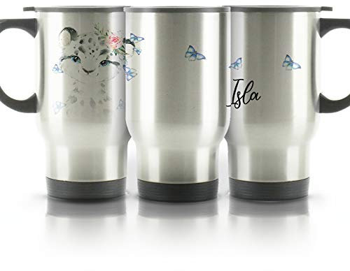 Hairyworm Personalised Travel Mug, 400ml Silver Stainless Steel Travel Mug with Handle, Customised with Initial/Name, Snow Leopard Blue Butterflies Design Print
