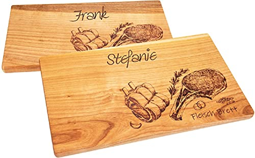 Sannys Fleischbrett aus massivem Kirschholz incl. Gravur, Schneidbrett mit Fleischgrafik geölt 30 x 18 x 1,5 cm