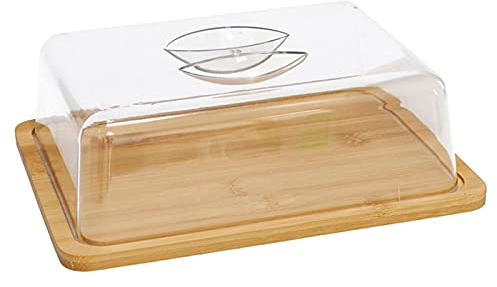 Tradineur Cloche à fromage rectangulaire avec couvercle en plastique et base en bambou, récipient de cuisine avec poignée pour ranger fromage et charcuterie, 23,5 x 18 x 7 cm