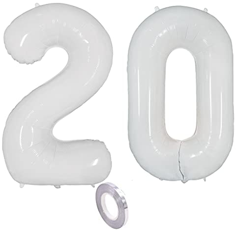 Weiß Luftballons Zahl 20. Geburtstag deko frau mann,Zahlen Ballon 20 Geburtstag deko, 40 Zoll Heliumballon 20 jahre Geburtstagsdeko frauen männer Aufblasbar Helium Folienballon 20 Weiß（20）