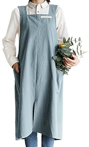 Small snail Baumwolle Leinen Schürzen Einfarbig Japanischer Stil Kreuz Zurück Schürze mit Tasche Retro Literatur Kunst Blumenladen Kleidung für Damen Herren Küche Kochschürzen Übergröße Blau