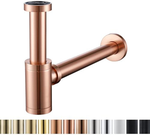 RANDOM Brass Contemporary Round Bottle P Trap 1 1/4 Basin Sink Waste Drain P Trap Kit, Copper Satin, Also Red Antique Copper（Brushed Rose Gold）