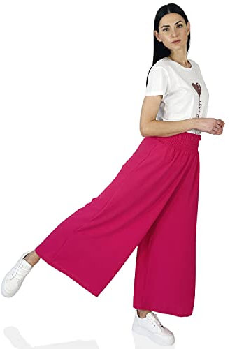 GLOMY Pantalones de mujer de chándal ligeros de pata ancha y cintura alta. Pantalones de jogging elásticos, fabricados en Italia, fucsia, Taglia unica Tall