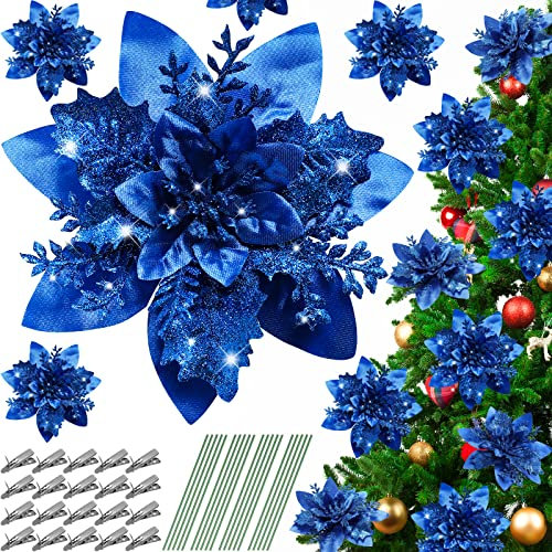 Serwalin 20pcs Christmas Flowers Artificial Blue Poinsettia Flowers Decorations Glitter Christmas Tree Ornaments 14cm/5.5in with Clips Stems Xmas Wedding Party Wreath Garlands DIY