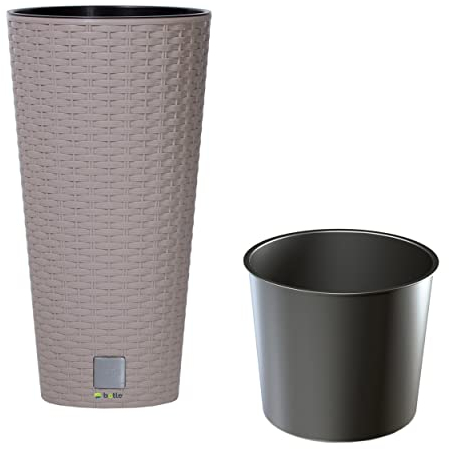 botle Pot de fleurs design fin Rato sur pied - 8 l - Marron clair - 38 cm de haut - En plastique - Avec insert