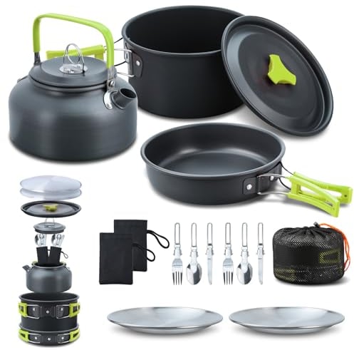 Lixada Juego de vajilla de camping de 16 piezas con hervidor de agua, olla de camping y sartén, platos, tenedores, cuchillos, cucharas para exteriores, senderismo, picnic, barbacoa, 2-3 personas