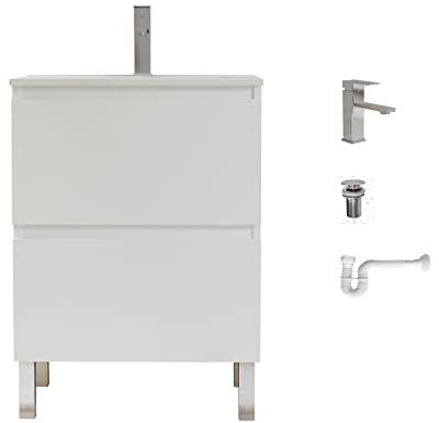 Baikal Komplett-Set bestehend aus Badezimmerschrank, Keramikwaschbecken, Wasserhahn, ausziehbarem Siphon und Ablaufventil. Montierte Möbel. Lieferung in einem. Tür + Schublade ohne Spiegel, 60 cm,
