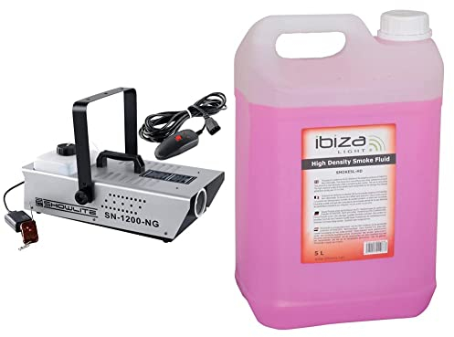 Showlite SN-1200 Nebelmaschine (1200W, 500m³ Nebelausstoß/min, 7 Min. Aufwärmzeit) inkl. Funk Fernbedienung & SMOKE5L-HD - IBIZA - Flüssigkeit für Nebelmaschinen mit hoher Dichte - 5 Ltr