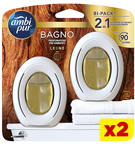 Ambi Pur Bagno Profumatore per Ambienti, 2 Profumatori Bagno, Fragranza Legno, Diffusore Ambiente con Tecnologia Elimina Odori, Durata fino a 45 Giorni per Profumatore