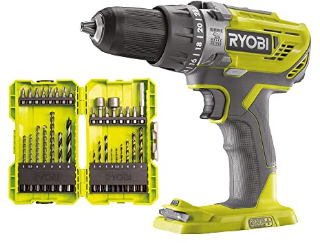 Lot de RYOBI - Perceuse-Visseuse à Percussion 18V ONE+ - 50NM, 500-1800 tr/min - Mandrin 13mm, sans Batterie ni Chargeur - R18PD3-0 + Coffret Empilable 32 Accessoires Mixtes pour Travaux Courants