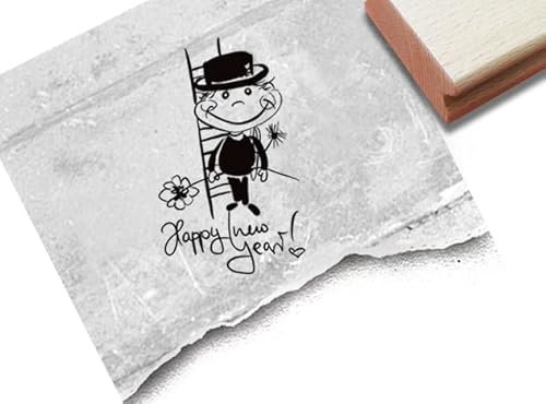 Stempel Happy new year! mit Schornsteinfeger - Silvester Stempel Glückwünsche Neujahr Guten Rutsch Glücksbringer Tischdeko Scrapbook - zAcheR-fineT (groß ca. 29 x 49 mm)