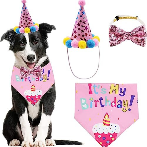 WUBAYI Hunde-Geburtstags-Bandana für Mädchen, niedliches Hunde-Geburtstagsparty-Zubehör mit Happy Birthday-Banner, Fliege, Haustier-Kostüme