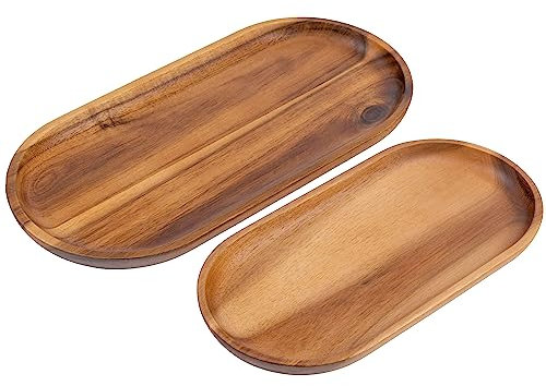 VieWood Set di 2 vassoi da portata in legno di acacia, per decorare la casa, tagliere da portata in legno per frutta, cupcake e piatti decorativi da caffè (ovale)
